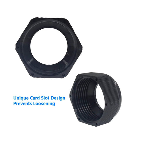 Side and bottom view of 2 Inch NPT Strain Relief Nylon Cord Grip 5 Pack Waterproof IP68 Glands Adjustable Wire Cable Grip Connector.