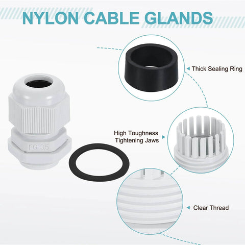 Five Pack PG13.5 Nylon Cable Glands Waterproof Cord Grip Connectors with Washers Gaskets and Locknut for Junction Box Heavy Duty