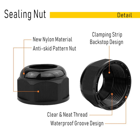 All Weather IP68 Waterproof Nylon Cable Gland Connectors PG7 With Locknut And Gaskets, close-up of sealing nuts showing design