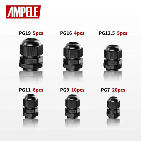 Waterproof Nylon Cable Gland Set, 50 Pack With Gaskets, Adjustable 3-16mm, Includes PG7 PG9 PG11 PG13.5 PG16 PG19, black glands