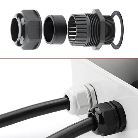 Four Pack NPT Three Quarter Inch Cable Gland Set, Plastic Waterproof Nylon Cable Joints With Gaskets, Adjustable Connector, Black