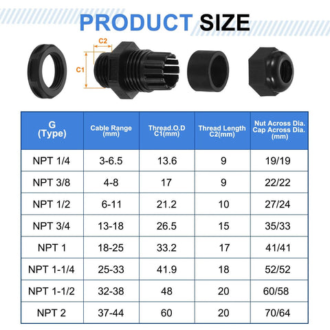 Product size chart and components of 2-Inch Nylon Cable Gland Waterproof Cord Grip Connector For Junction Box Adjustable 37–44mm Wire Grommet Protectors With Gaskets And Locknut Heavy-Duty NPT Sealing Black