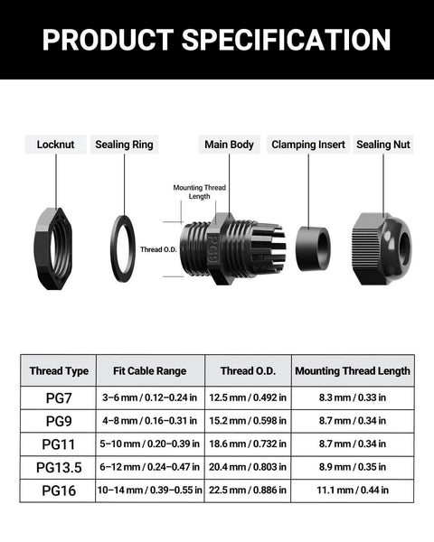 All In One IP68 Nylon Cable Gland Kit With 50 Waterproof Cord Grips Pro Grade Versatility For PG7 PG9 PG11 PG13.5 PG16