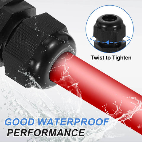 Six Pack Nylon Cable Glands One Half Inch NPT Waterproof Cord Grip Connectors For Six To Eleven Millimeter Wires With Gaskets And Locknuts, DIY Friendly And Easy Fit For Junction Boxes Gray close-up showing twist to tighten feature.