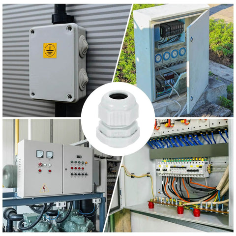 Six Pack Nylon Cable Glands One Half Inch NPT Waterproof Cord Grip Connectors For Six To Eleven Millimeter Wires With Gaskets And Locknuts in various junction box installations.