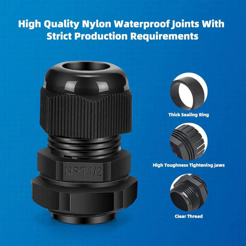 12 Pack 1/2 Inch NPT Cable Glands Waterproof Beefy Adjustable Strain Relief Connectors Nylon PA66 With Gaskets, displayed with features like thick sealing ring, high toughness tightening jaws, and clear thread.