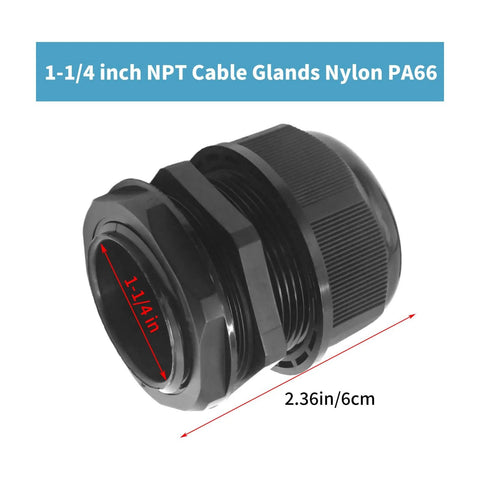 1-1/4 Inch Nylon PA66 Black Cable Glands, IP68 Waterproof, 10 Pack, Adjustable Strain Relief Cord Grips, side view.