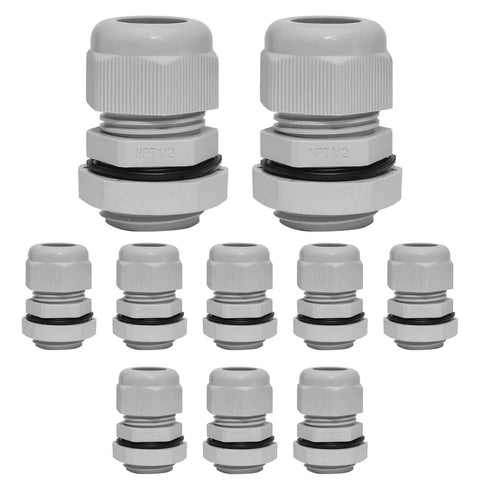 10 Pack Nylon Cable Glands Half Inch NPT IP68 Weatherproof Cord Grip With Adjustable Strain Relief For 6 To 12mm Cable Diameter Tough As Nails Panel Mount Grey