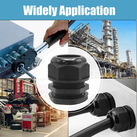 1-1/4 Inch Nylon PA66 Black Cable Glands, IP68 Waterproof, 10 Pack, Adjustable Strain Relief Cord Grips For Electrical, Industrial, And Automotive Use, Junction Box Connectors, Rugged Cord Seals in various applications