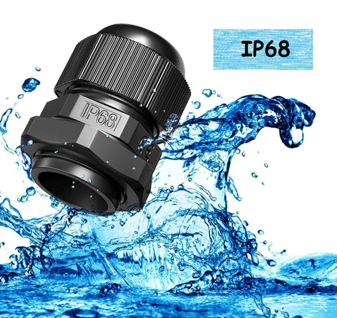 Waterproof IP68 black nylon cable gland with splash effect, part of 10 Pack Nylon Cable Glands Waterproof M20 X 1.5, 6-12 Mm Range Black Gland Connector For Home Garden And Outdoor Lighting, Easy Install With Locknut And Washer, Tough As Nails PA66 Seals For Weatherproof Wiring