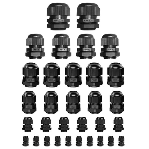 32 Pieces Nylon Cable Gland Kit Waterproof IP68 Adjustable 3 To 18mm With NPT 3/4 NPT 1/2 And PG13.5 PG11 PG9 PG7 Threaded Glands For All Weather Ready Enclosures And Electrical Boxes Black