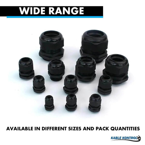 Various sizes of black nylon cable glands for 18 to 25 mm cables, straight gland 29 PG thread, 25 pieces pack, IP68 waterproof.