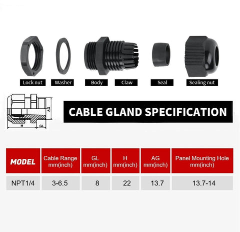 Components of Rugged Waterproof Adjustable Cable Glands 3 To 6.5 Mm Nylon With Gaskets And Seals Quarter Inch NPT specification