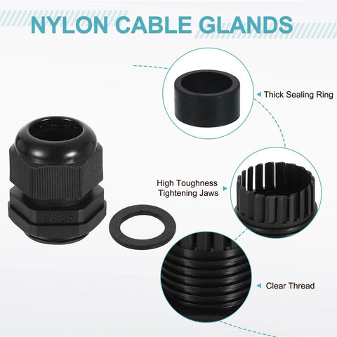 Two Pack PG25 Nylon Cable Glands Waterproof Cord Grip Connector With Washers And Locknut Adjustable 16 To 21 Mm Black