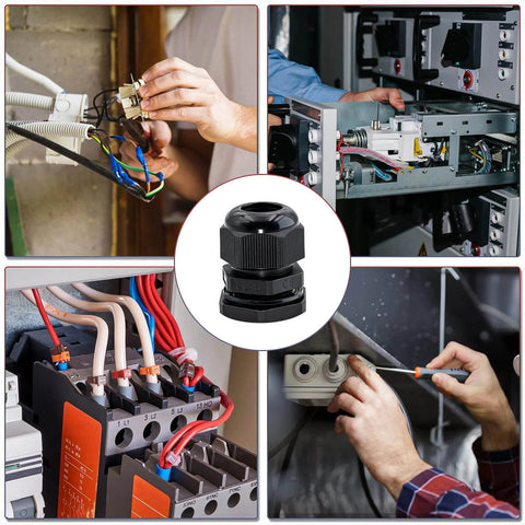 Collage of electrical installations with 25 Pack Nylon Plastic Cable Glands Waterproof Adjustable PG7 7/64 To 1/4 Inch 3mm To 6.5mm