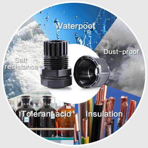 Ten Pack Half Inch IP68 Waterproof Nylon Cord Grips NPT Cable Glands Strain Relief, shown with waterproof, dustproof features