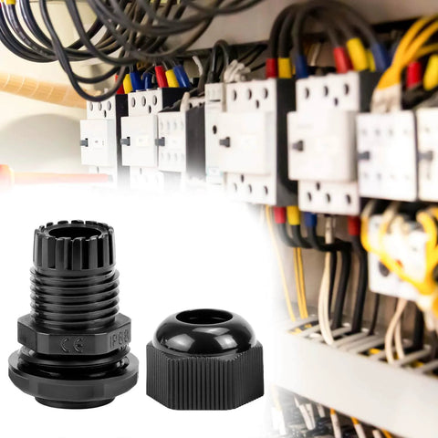 1/2 Inch NPT Nylon Cord Grip Cable Glands Waterproof IP68 Strain Relief Pack Of 20 Black shown with electrical panel