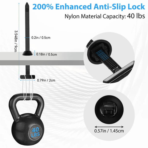 100 Pcs Nylon Universal Cable Tie Buckle Kit With Pin And Button Design, UV Resistant Plastic Zip Ties shown with measurements