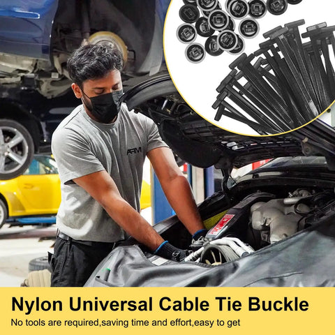 Man uses 150Pcs Nylon Universal Cable Tie Buckle Kit for cars, shown with black ties and fasteners for automotive repairs.