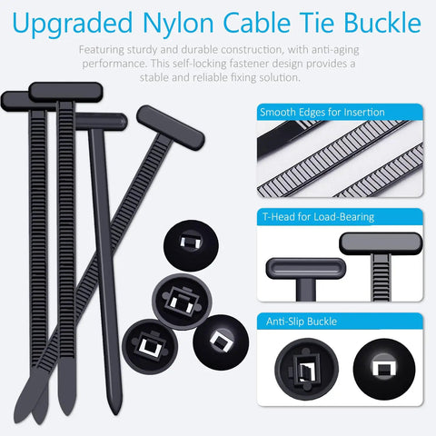 30Pcs Nylon Universal Cable Tie Buckles With Pin And Button T Rivet Clips showing front view with details of edges, T-head, buckle.