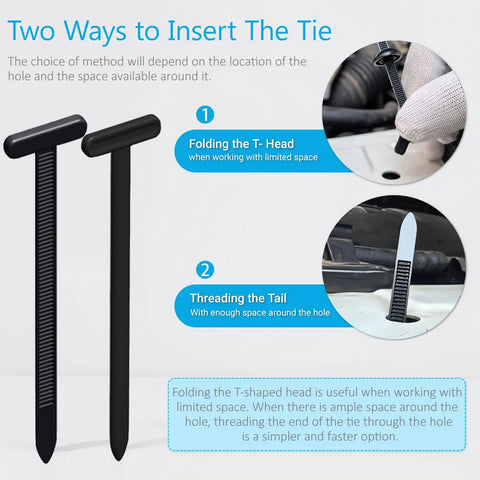 30Pcs Nylon Universal Cable Tie Buckles With Pin And Button T Rivet Clips shown with insertion methods for auto repair use