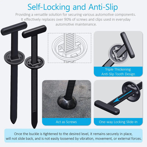 30Pcs Nylon Universal Cable Tie Buckles With Pin And Button T Rivet Clips for auto repair, showing self-locking and anti-slip design.