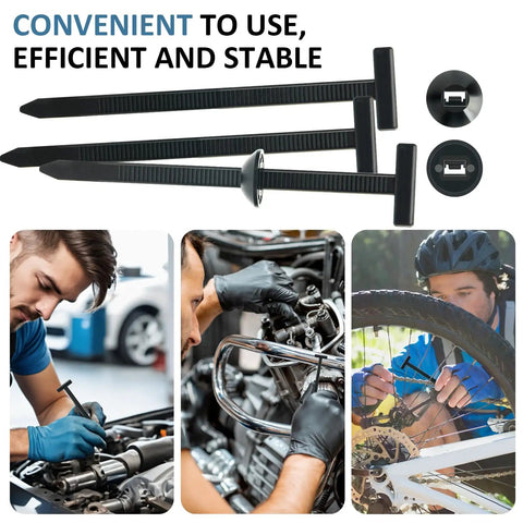 50 Pack Nylon Universal Cable Tie Buckles Self Locking Retainers For Cars displayed with installation on vehicle and bike.