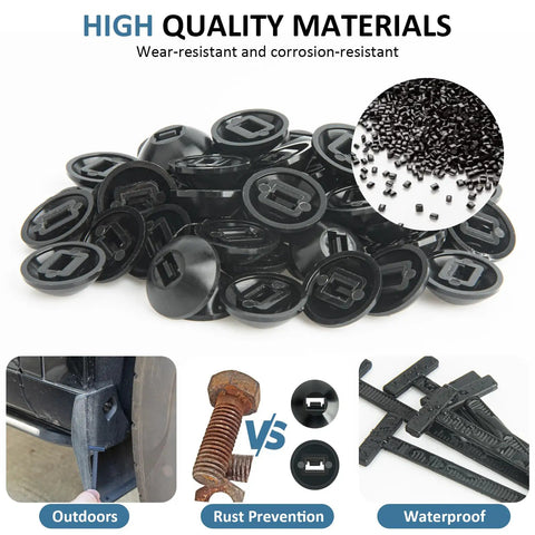 50 Pack Nylon Universal Cable Tie Buckles Self Locking Retainers For Cars in black shown with features like waterproof and rust prevention.