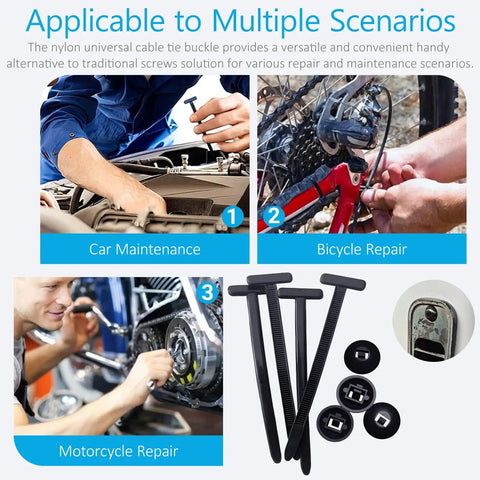 Collage showing 30Pcs Nylon Universal Cable Tie Buckles for car, motorcycle, and bicycle repairs with close-up of buckles.
