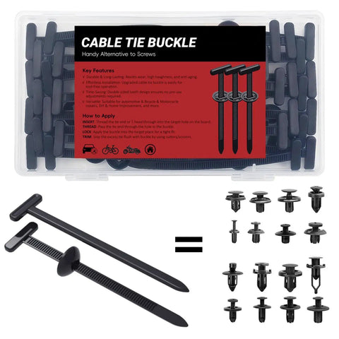 30Pcs Nylon Universal Cable Tie Buckles With Pin And Button T Rivet Clips shown in packaging and individual pieces for auto repair.