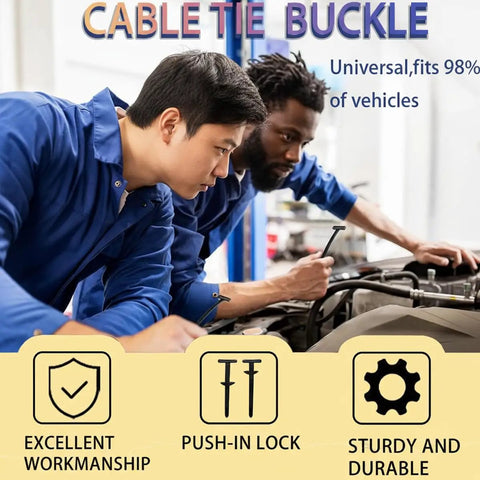 Two mechanics working on a car engine with cable tie buckle text, highlighting excellent workmanship and universal fit.