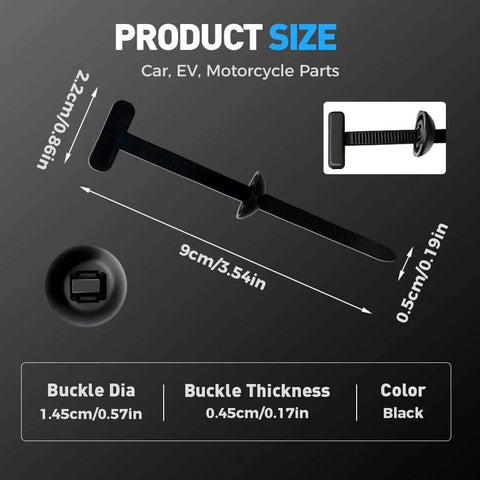 Black Nylon Universal Cable Tie Buckle Heavy Duty Self Locking Zip Tie Holder dimensions for Car Repair and DIY Fixing.