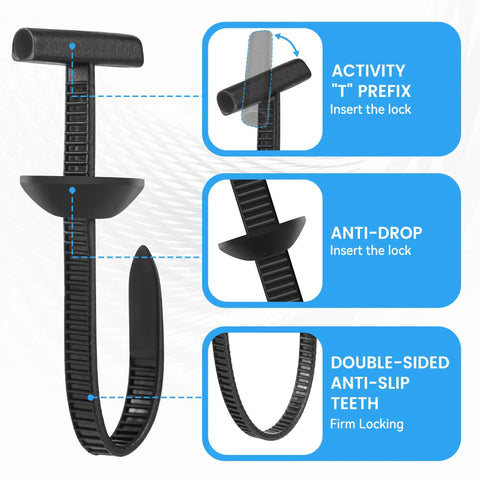 Nylon Universal Cable Tie Buckle Set With Double Sided Buckle And Button Design, close-up of zip ties with locking mechanism.