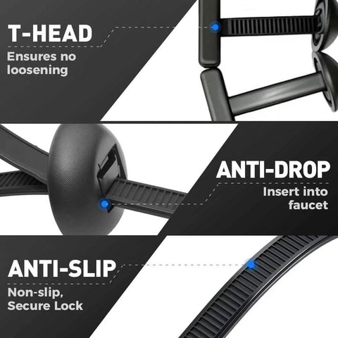 Nylon Universal Cable Tie Buckle Heavy Duty Self Locking Zip Tie Holder showing anti-slip, anti-drop, and T-head features for secure fit.