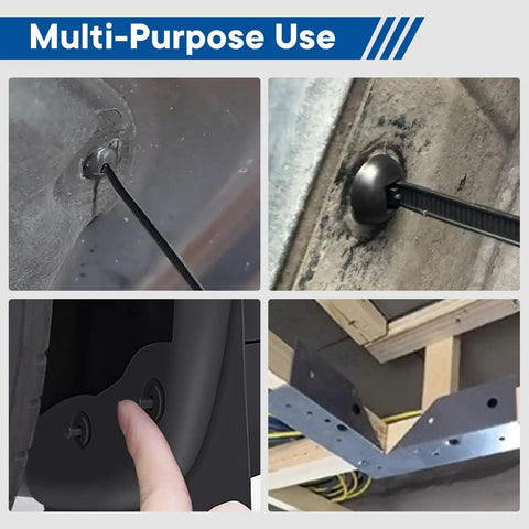 Universal Automotive Nylon Cable Tie Kit With 100 Pieces showing heavy duty zip tie clips installed in vehicle and structural panels.
