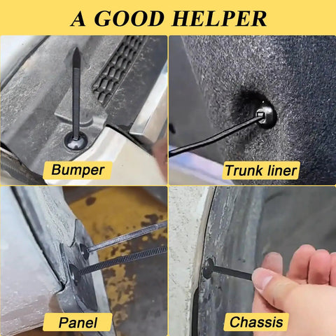 150Pcs Nylon Universal Cable Tie Buckle Kit For Cars And Home Fixes Zipper Clips T Zip Ties showing installation on vehicle.