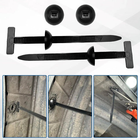 Universal Automotive Nylon Cable Tie Kit With 100 Pieces showing black zip ties and installation on vehicle fender liners.