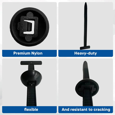 Universal Automotive Nylon Cable Tie Kit with 100 Pieces showing close-ups of heavy-duty zip tie clips and snap fit locking design.