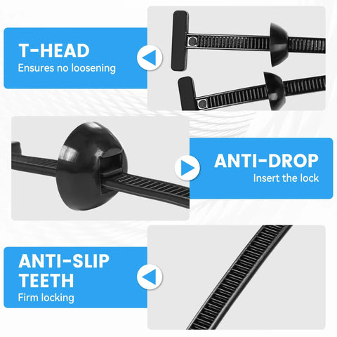 Close-up view of the 100 Pcs Nylon Universal Cable Tie Buckle Kit with Pin and Button design showing T-head and anti-slip teeth.