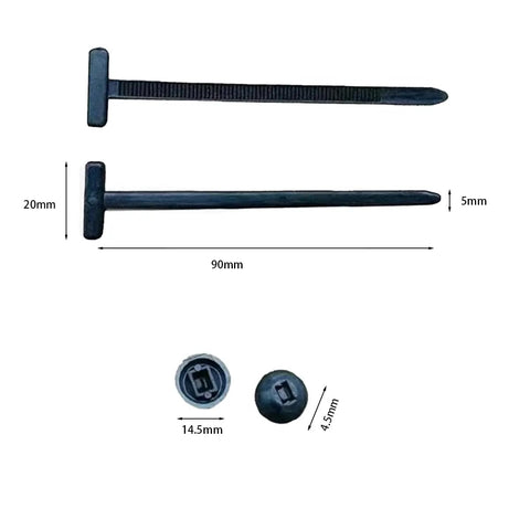100 Pcs Multifunctional Nylon Universal Cable Ties With Pin Buckle Design UV Resistant Fasteners For Car Body Repair And Daily Automotive Maintenance DIY Friendly Gearhead Approved For Securing Wires Hoses And Cables In Cars Trucks And Other Vehicles, shown in multiple dimensions.