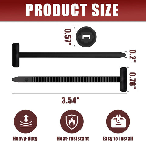 Diagram showing dimensions of 200 Pack Nylon Universal Cable Ties and Push Pin Rivet Fasteners for Car Repair.