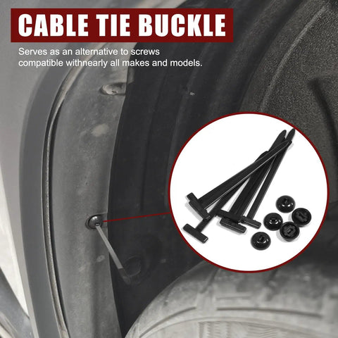200 Pack Nylon Universal Cable Ties and Push Pin Rivet Fasteners for Car Repair shown installed on a vehicle wheel well.