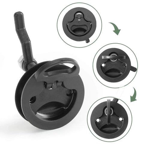 Heavy duty nylon reinforced cam latch with back plate, 4 pack marine hatch hardware for ships, yachts, and RVs shown from various angles.