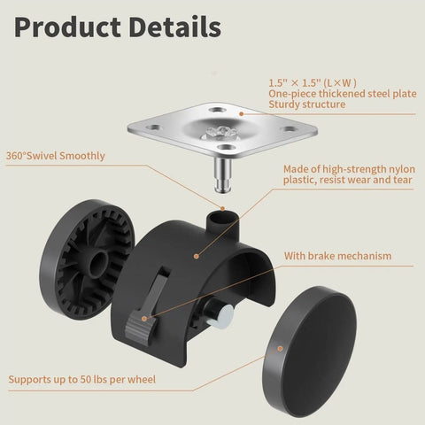 Exploded view of 1.5 Inch Nylon Plate Caster Wheels With Brakes, showing steel plate, nylon parts, brake, supports 50 lb load.