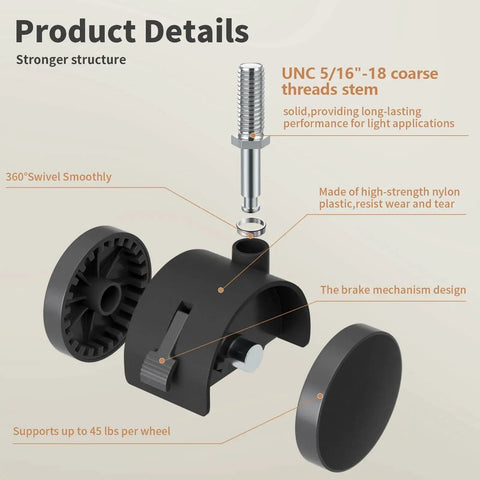Detailed view of 2 Inch Nylon Caster Wheels With Brake, 5/16-18 Threaded Stem UNC Coarse Thread, highlighting components and features.