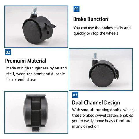 4 Pcs 2 Inch Nylon Caster Wheels With Brakes Black Swivel Castors M7.5 Threaded Stem Nut Durable High Hardness Nylon Wheel