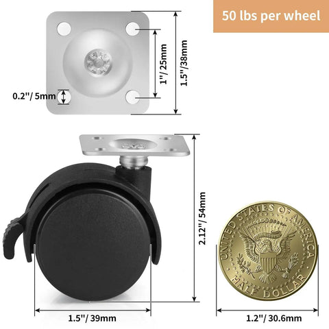 1.5 Inch Nylon Plate Caster Wheels With Brakes, Swivel Furniture Casters For Light Duty, 50 lb Load Capacity, Size Comparison