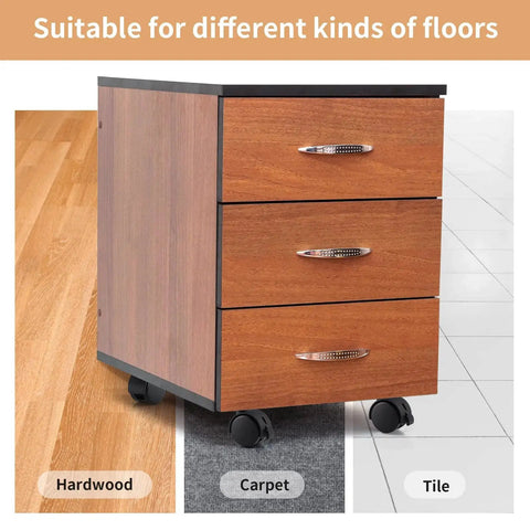 Wooden file cabinet on 1.5 Inch Nylon Plate Caster Wheels With Brakes, shown on hardwood, carpet, and tile