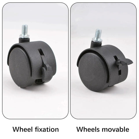 4 Pcs 2 Inch Nylon Caster Wheels With Brakes Black Swivel Castors With M7.5 Threaded Stem showing brake and unlocked positions