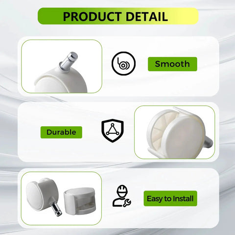Five Sets 2 Inch 360 Degree Swivel Nylon White Desk Chair Casters Replacement Wheels with Threaded Stem and Nuts Detail
